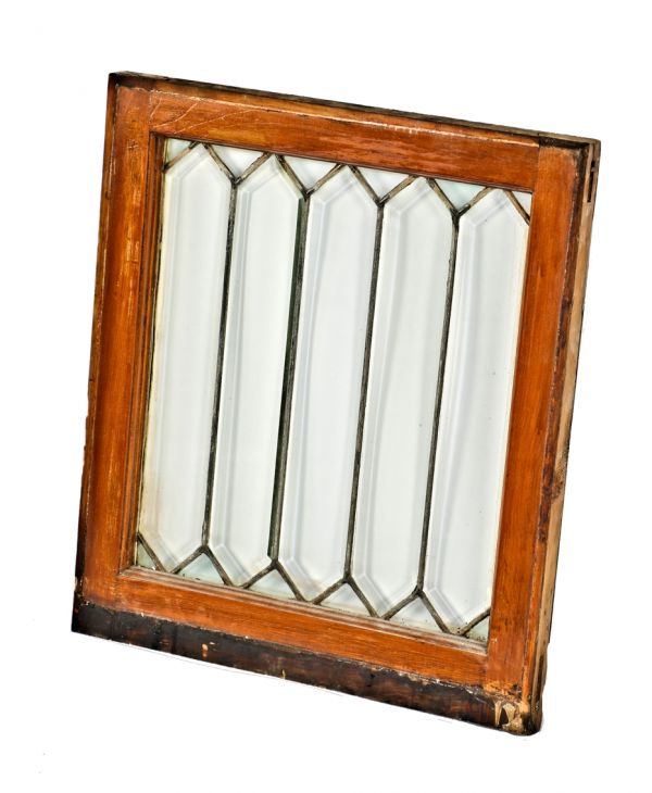 original and well-executed early 20th century all original salvaged chicago beveled edge residential window with "picket fence" design and original varnished wood frame