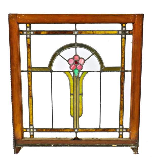 one of six matching all original and intact arts & crafts style chicago bungalow art glass window with centrally located floral motif surrounded by mirrored goldleaf sandwich glass