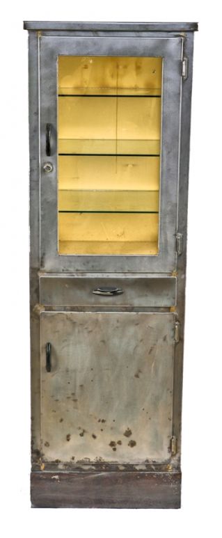 exceptional all original and completely intact late 1930's streamlined style american antique medical freestanding cold-rolled steel hospital instrument cabinet with sidelights 