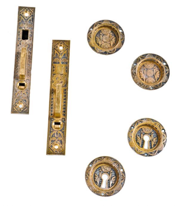 hard to find c. 1880's antique american ornamental cast bronze interior residential salvaged chicago pocket door hardware with matching escutcheons 