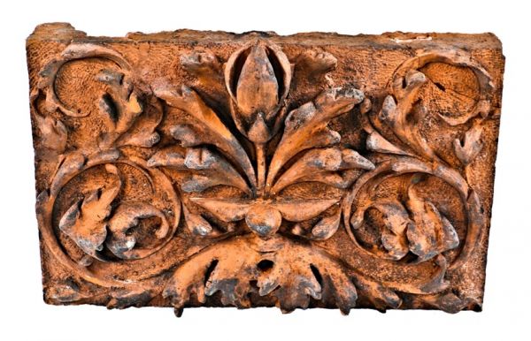 massive original early 1880's salvaged chicago mellos peanut candy factory building deeply carved red terra cotta panel with intricate floral motifs