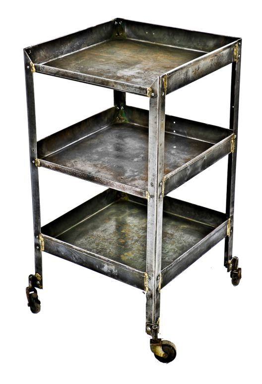 c. 1930's antique american industrial brushed metal modified three-tier mobile factory machine shop tool cart with welded joint bassick casters