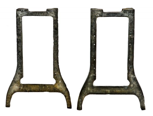two matching early 20th century antique american industrial robust cast iron factory machine shop legs or bases with uniform brushed metal finish