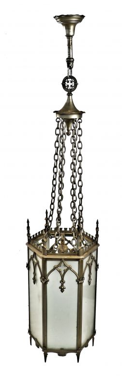  all original massive ornamental cast iron metallic silver finish gothic style interior church interior light fixtures with multifaceted glass panels