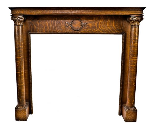 completely restored exceptional darkly stained quartered oak wood american victorian era interior residential fireplace mantel with striking "tiger strip" finish