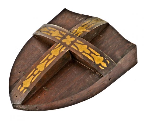 original hand-crafted c. 1929 salvaged chicago park view lutheran church interior solid wood shield with cross accentuated with stenciled gold paint
