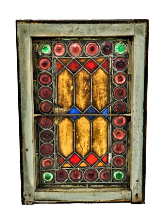 largely intact c. 1884-85 orignal american victorian era richly colored art glass german meeting hall window with centrally located "picket fence" design motif