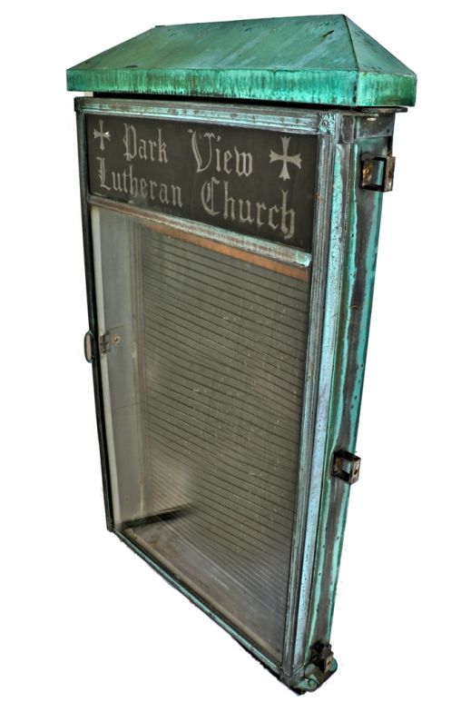 original oversized exterior illuminated single door bronze and copper metal park view lutheran church letterboard directory with reverse-painted sign