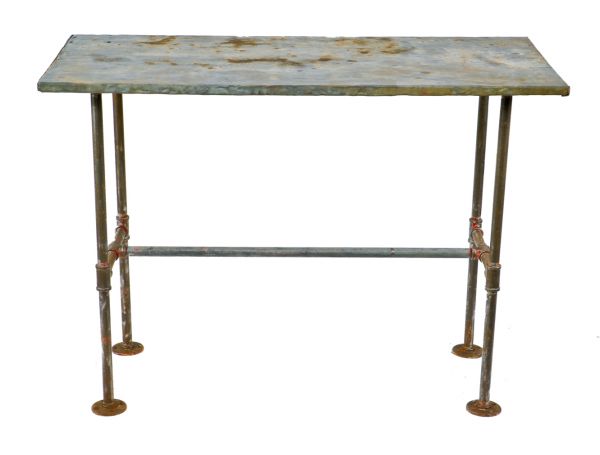 strong and sturdy depression era antique american industrial four-legged chicago factory pipe table base and pressed and folded metal top 