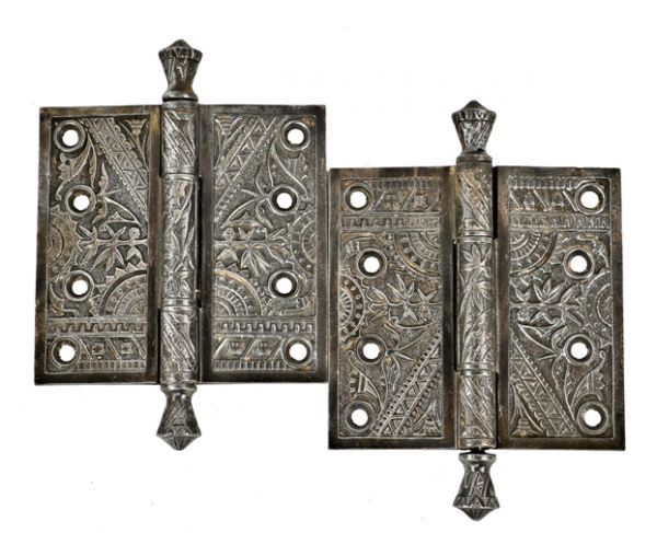 matching set of original "oriental" pattern antique american salvaged chicago residential entrance door hinges with elegantly-designed urn finials