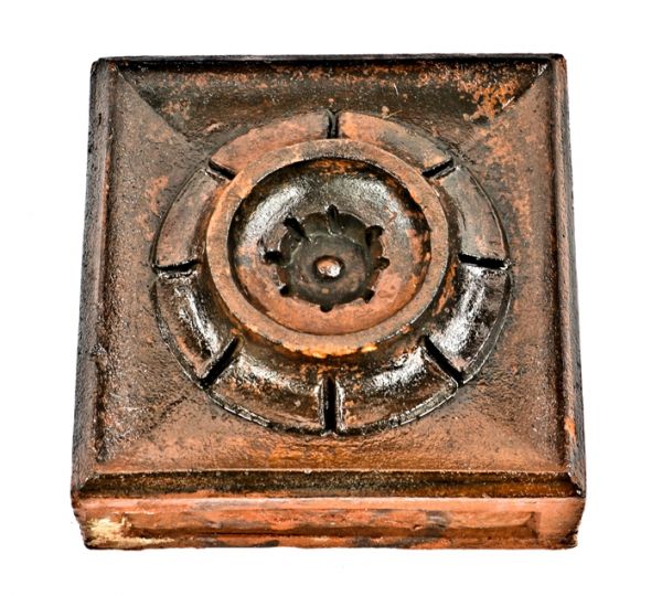 original early 1880's salvaged chicago mellos peanut candy factory building ornamental red terra cotta cornice block with unusual protruding round bullseye