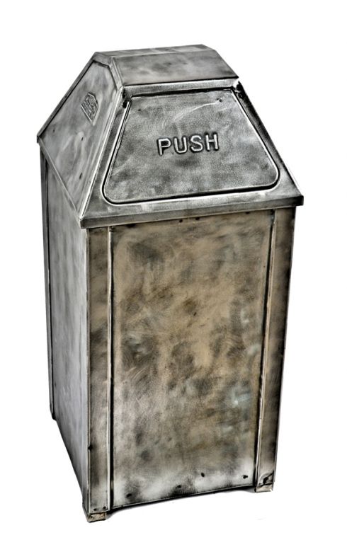 original "united" depression era antique american industrial pressed and folded steel freestanding trash can with a hinged pyramidal-shaped top 