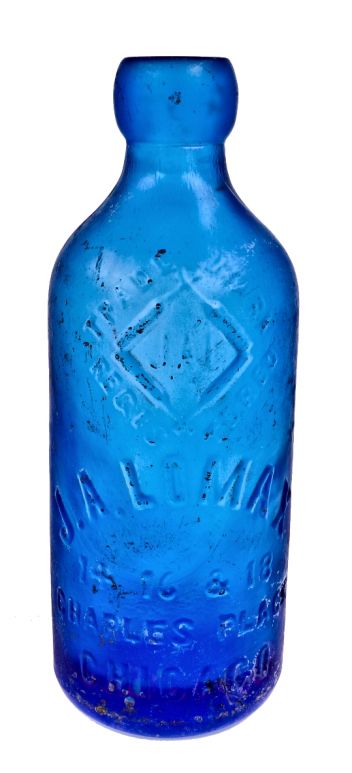 completely intact 19th century vibrant blue hutchinson shaped bottle with original patent spring stopper manufactured for chicago bottling giant j.a. lomax