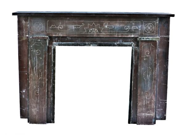 mid to late 1870's salvaged chicago interior residential faux marble finish american victorian era slate fireplace mantel with incised designs throughout 