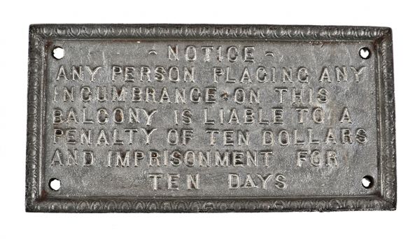 hard to find oversized exterior 19th century new york city soho district fire escape "incumbrance" notification sign with egg & dart border