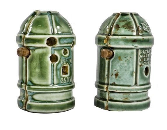 two matching early 20th century fully functional green enameled american industrial push-button cutler-hammer factory pendant light sockets 