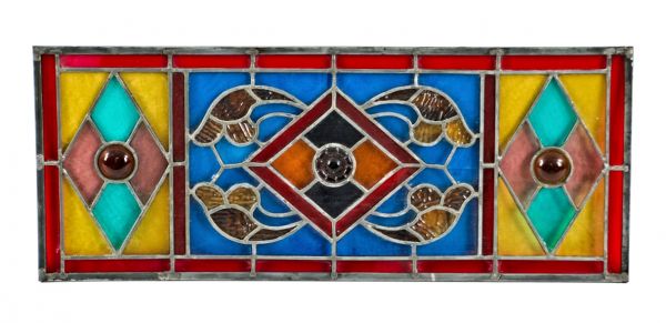 early 1880's antique american victorian era stained glass salvaged chicago transom window with multiple oversized pressed glass rondels