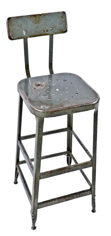 c. 1950's nicely weathered and worn original and fully functional lyon pressed and folded steel four-legged stool with stamped metal backrest supported by two bent straps