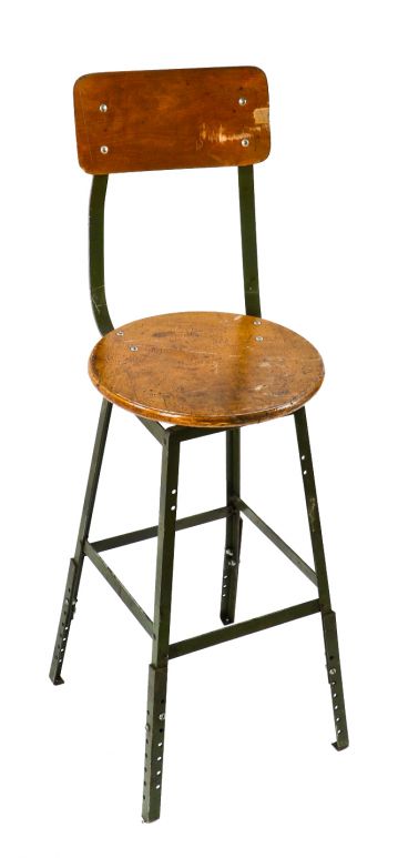original c. 1940's four-legged american industrial adjustable height salvaged chicago factory stool with unique swivel seat comprised of maple wood