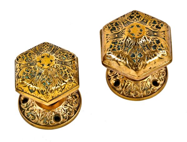 matching set of original cast ornamental bronze 19th century antique american hexagonal-shaped mallory wheeler doorknobs with rosettes 