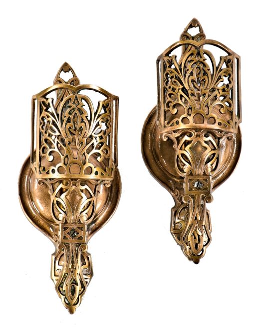 two of four matching ornamental cast bronze salvaged c. 1920's chicago movie theater wall-mount single light virden sconces with intricate design motifs