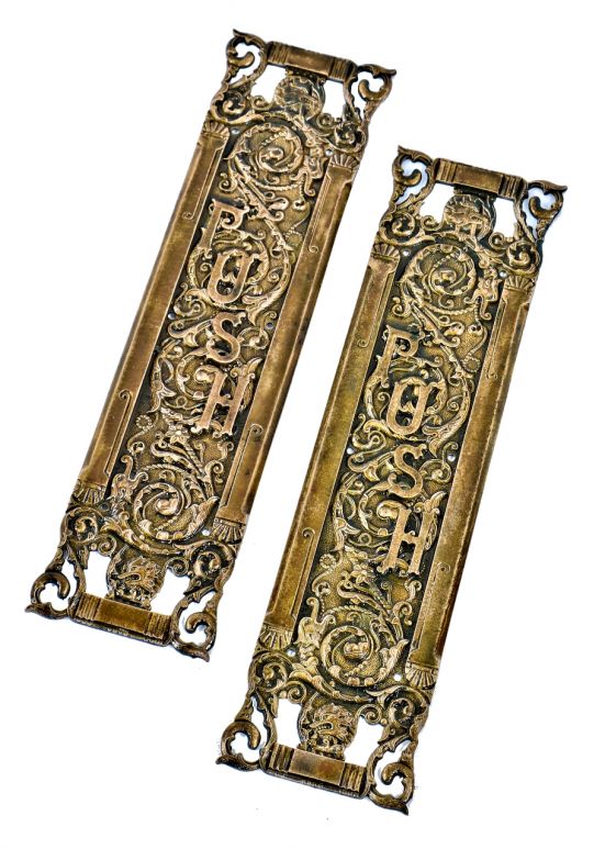 two matching all original ornamental cast bronze single-sided "columbian" pattern rare oversized commercial building entrance door antique american push plates