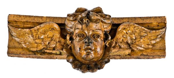 rare museum-quality largely intact st. boniface school exterior pilaster capital speckled terra cotta figural cherub with wings 