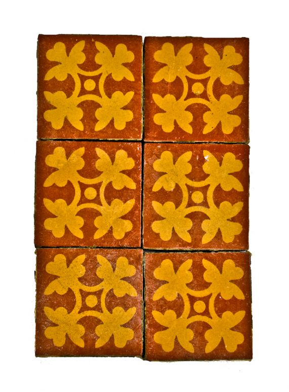 six diminutive original and intact 19th century interior david c. cook mansion "stoke on trent" glazed minton floor tiles featuring a visually striking design  