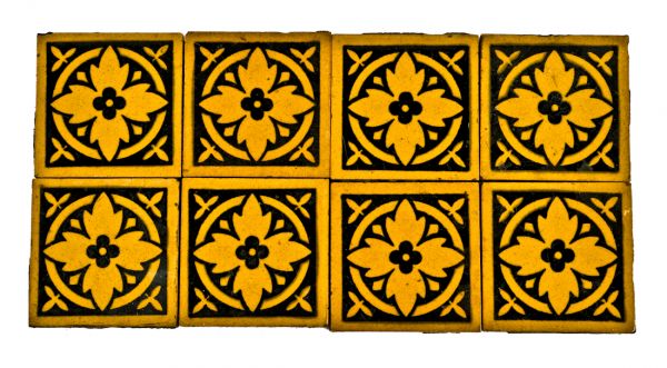 8 matching square-shaped original and intact 19th century interior david c. cook mansion "stoke on trent" glazed minton floor tiles with yellow and black finish