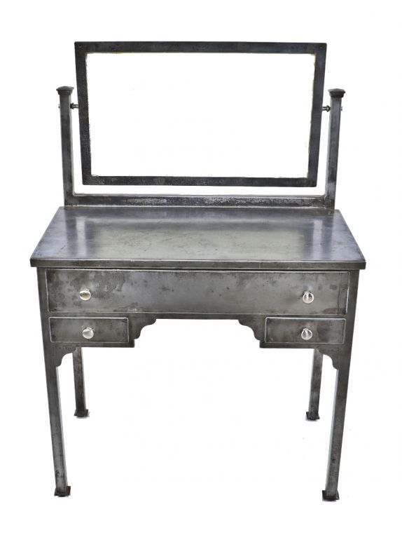hard to find all original american depression-era highly desirable size multi-drawer simmons side table or vanity with original and intact pivoting mirror and metal frame 