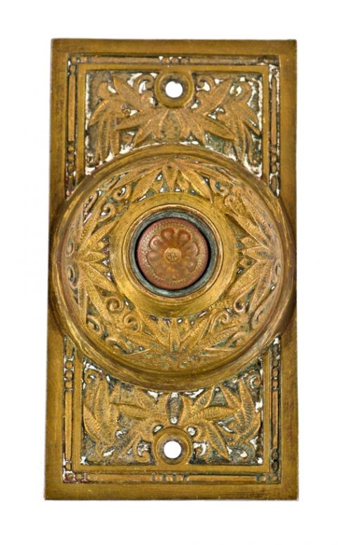 completely intact 19th century antique american victorian era ornamental cast bronze flush mount push button residential doorbell with intact spring-loaded button