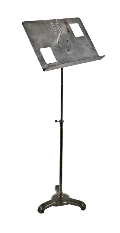c. 1946 all original fully adjustable salvaged chicago movie theater orchestra pit brushed metal three-legged music stand with telescoping extension 