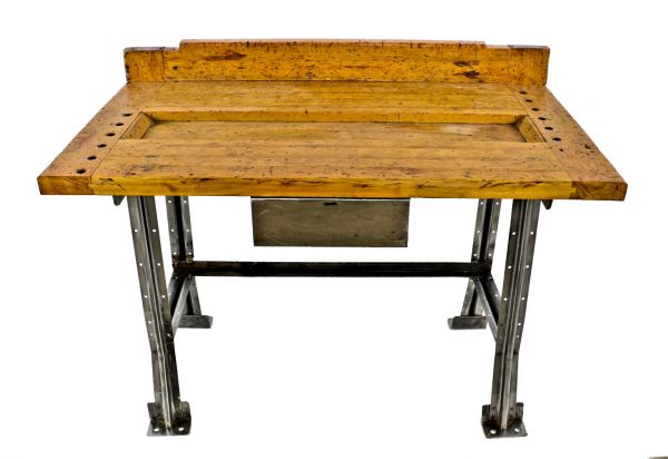 late 1930's refinished antique american industrial chicago factory machine shop workbench or table with pressed and folded steel legs or bases