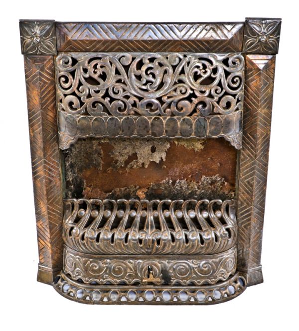 refinished highly ornate american victorian era c. 1890's antique interior residential cast iron "perfection line" copper-plated fireplace gas insert 