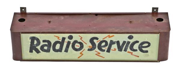 original c. 1940's vintage american industrial chicago electronics repair shop reverse-painted glass "radio service" can sign with lightning bolt graphics 