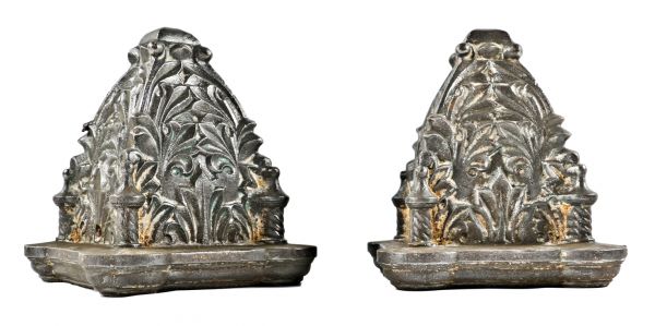 matching set of original 19th century antique american heavily ornamented cast iron brushed metal chicago commercial building newel post caps 
