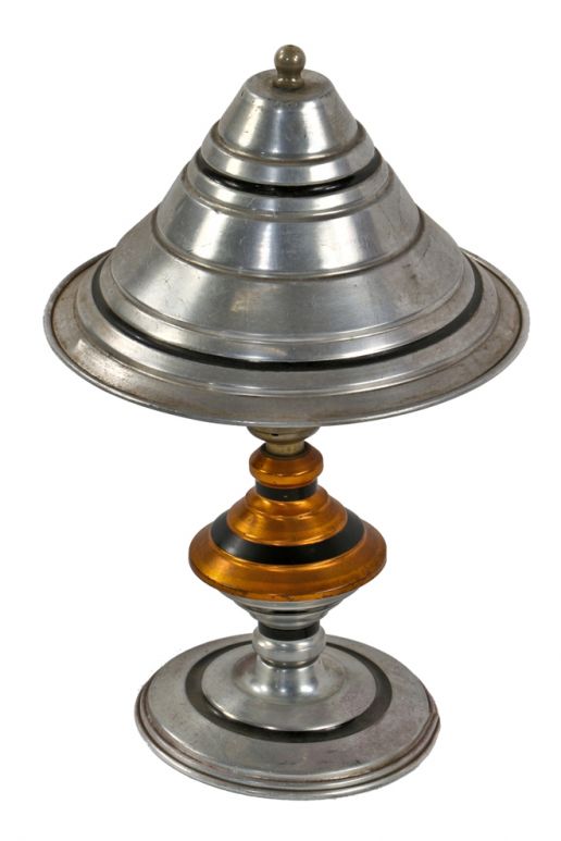 exceptional c. 1930's american depression era spun aluminum table or desk art deco table lamp with clip-on pyramidal-shaped shade 
