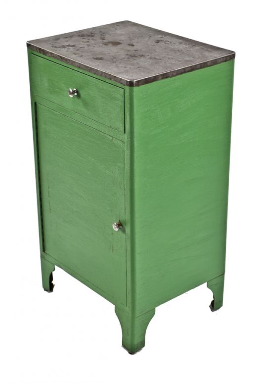 reinforced american salvaged chicago medical cold-rolled "factory green" enameled steel stationary hospital supply cabinet with single drawer and cabinet door