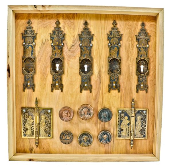 exceptional 19th century all original antique american anglo-japanese style ornamental cast bronze hardware collection mounted in custom-built frame