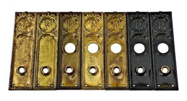 large lot of original late 19th century ornamental cast iron interior historic fisher building monogrammed office door backplates in various old finishes