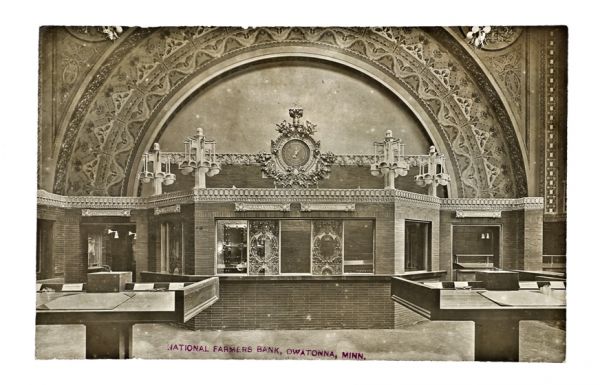 very rare original c. 1911 louis h. sullivan-designed national farmers' bank building interior "real photo" postcard featuring elmslie's teller cages