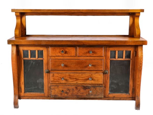 original early 20th century hard to find mission style golden oak wood bungalow sideboard with opposed corbels and pressed glass drawer pulls