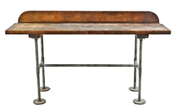 robust original c. 1940's salvaged chicago factory machine shop four-legged pine wood table top workbench with threaded steel pipe stationary base