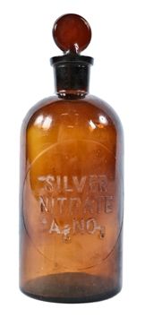 single c. 1920's original american embossed letter chemistry lab silver nitrate clear glass reagent bottle with topper