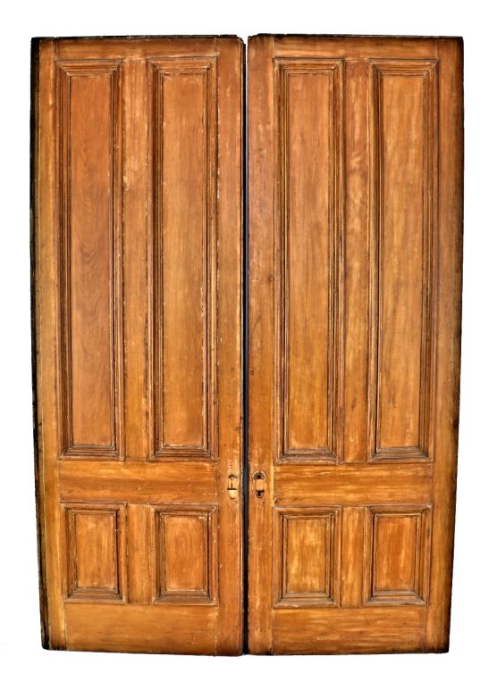 matching pair of refinished original salvaged chicago white pine wood 1870's interior cottage pocket doors with intact bottom-mounted rollers 