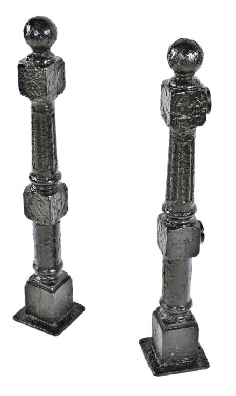 two matching all original salvaged chicago freestanding late 19th century black enameled cast iron residential newel posts with ball finials