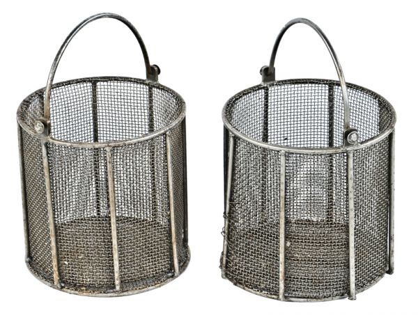 original matching set of heavily reinforced vintage american industrial drop handle mesh metal baskets with all-welded joint frames
