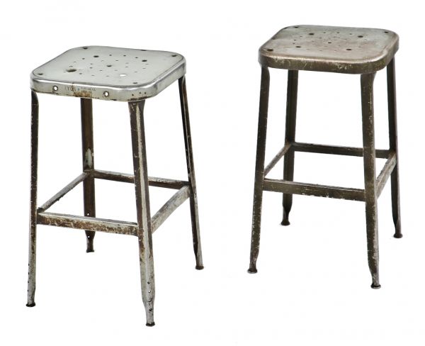 original matching set of vintage american industrial milwaukee machine shop four-legged lyon stools with nicely weathered and worn surface patina