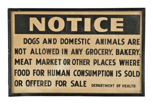 completely intact all original american depression era interior framed glass grocery market department of health notification sign 