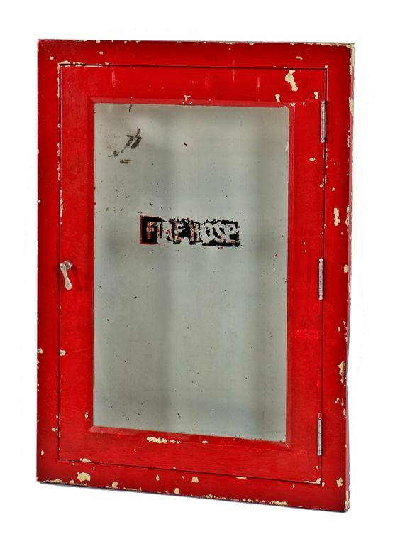 vintage industrial salvaged chicago commercial building hallway corridor flush-mount fire hose cabinet with single hinged door and chrome handle  